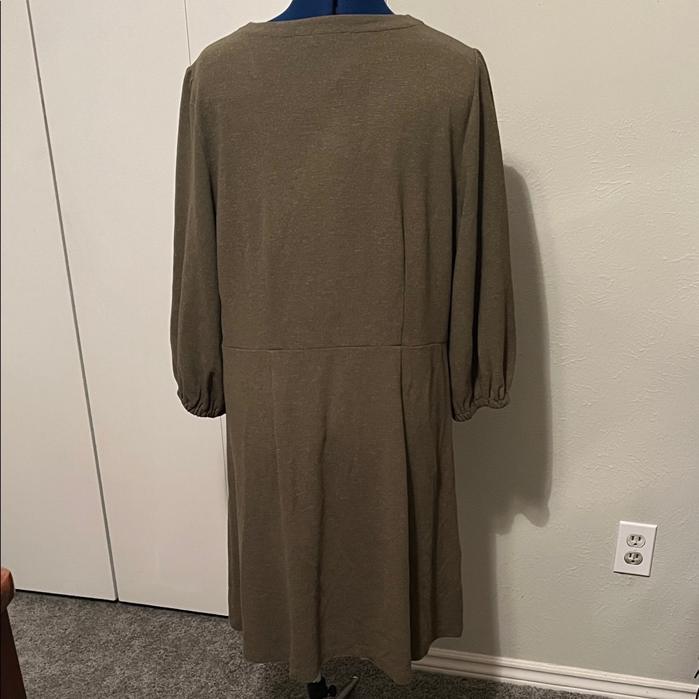 Loft Olive Green Ribbed Button-Front Dress w/ 3/4 Sleeves NWT | Size XL - Picture 5 of 15